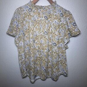 Ann Taylor Blouse Tan Floral Short Sleeve Ruffled Button Neck‎ Top Size MP